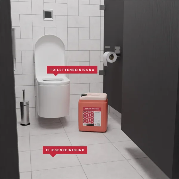 Einsatz von Schulz Sanitärreiniger Konzentrat bei der Reinigung von Toiletten und Fliesen in einem Badezimmer